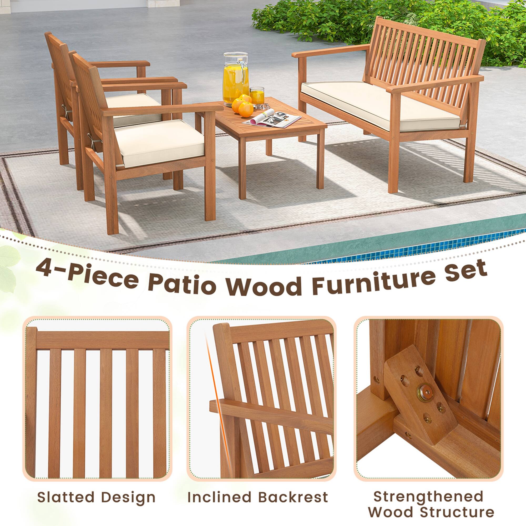 4-Piece Patio Wood Furniture Set - Slatted Design, Inclined Backrest, Strengthened Wood Structure