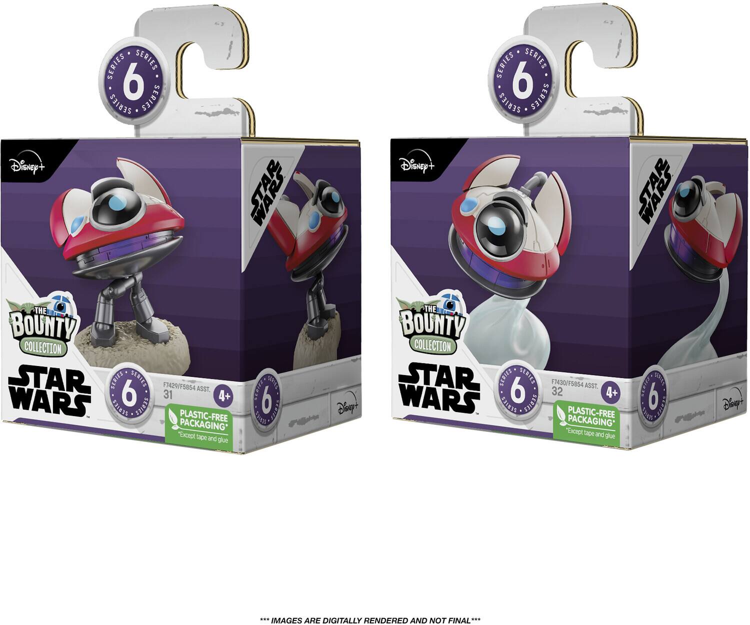 The text on the image can be grouped and corrected as follows:

**Disney+ Star Wars The Bounty Collection**

- **Series 6**
- **F7429/F5854**
- **31 ASST 4+ EA**
- **Plastic-Free Packaging* "Except tape and glue"**
- **Images are digitally rendered and not final**

**Series 7430/F5054**
- **32 ASST 4+ EA**
- **Plastic-Free Packaging* "Except tape and glue"**

*Note: "ASST" likely stands for "Assortment," and "EA" stands for "Each."