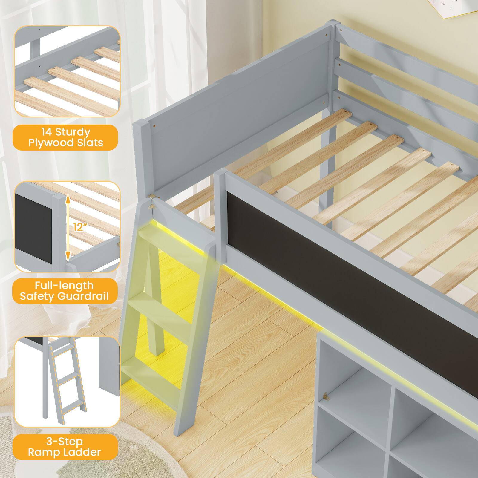 14 Sturdy Plywood Slats  
12" Full-length Safety Guardrail  
3-Step Ramp Ladder