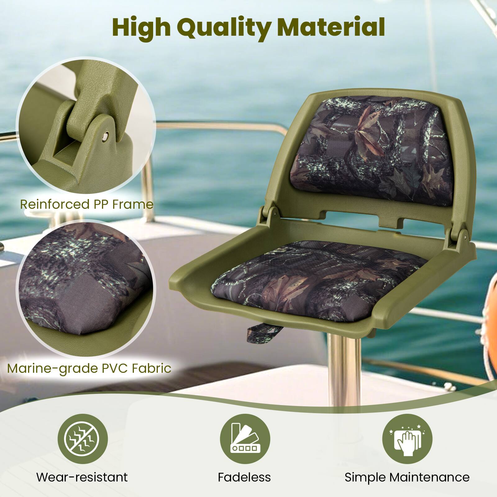 High Quality Material  
Reinforced PP Frame  
Marine-grade PVC Fabric  
Wear-resistant  
Fadeless  
Simple Maintenance