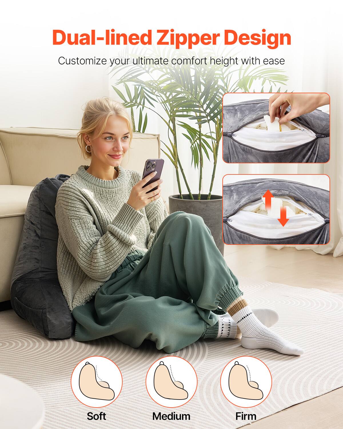 Dual-lined Zipper Design  
Customize your ultimate comfort height with ease  

Soft  
Medium  
Firm