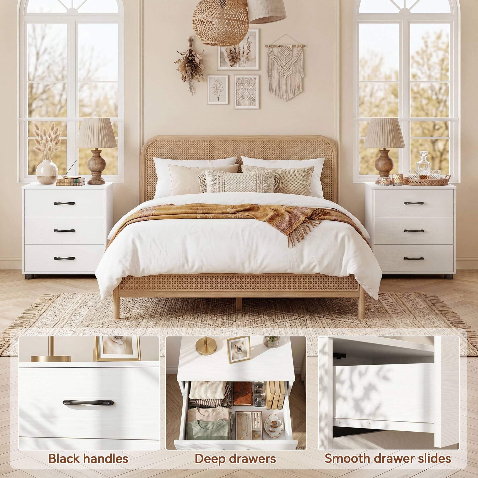 Black handles  
Deep drawers  
Smooth drawer slides