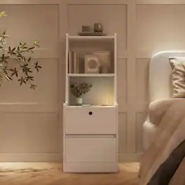 LUCKY ONE - Nightstand with Charging Station Night Light Bookshelf Storage Cabinet - White
