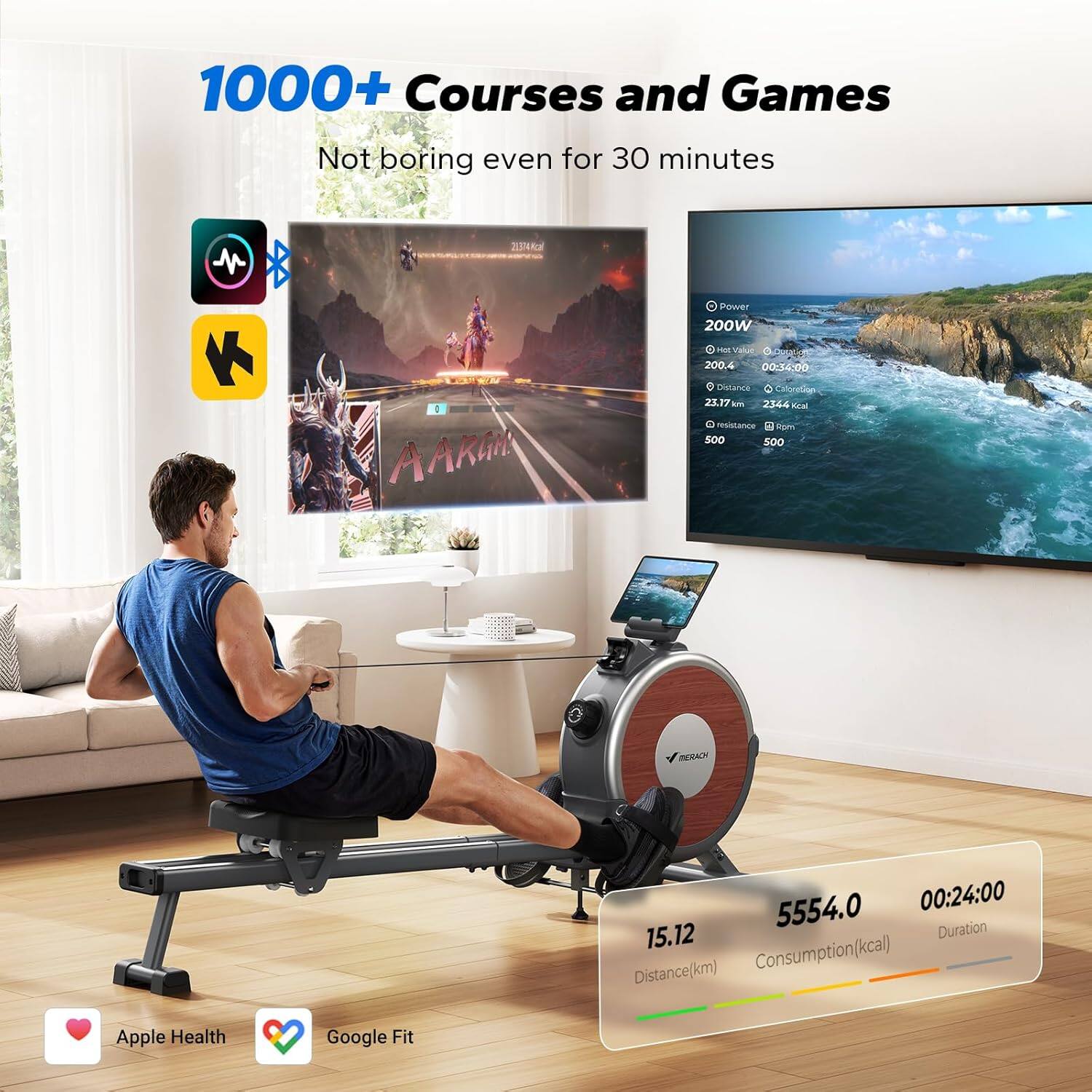 1000+ Courses and Games  
Not boring even for 30 minutes  

2154Acal Power 200W  
2004 00:34:00  
AAKGM Dilaria  
CHurstiam 21.17  
2344 ca  
B resistance om 500 500  

5554.0 00:24:00  
15.12  
Duration  
Distance(km)  
Consumption(kcal)  

Apple Health  
Google Fit