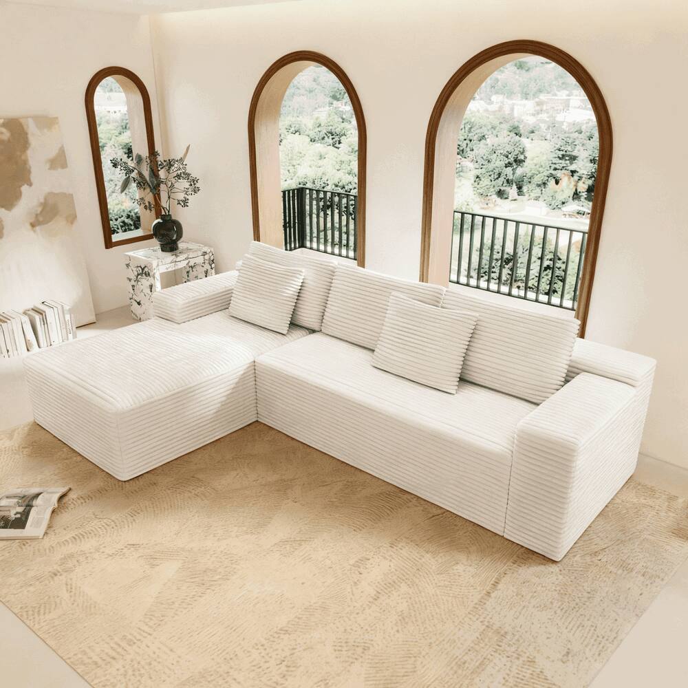 Front. Kadyn - 104" Right Chaise Sectional Sofa, Plush Corduroy Cloud Design with Deep Seating and L-Shape, White - White.