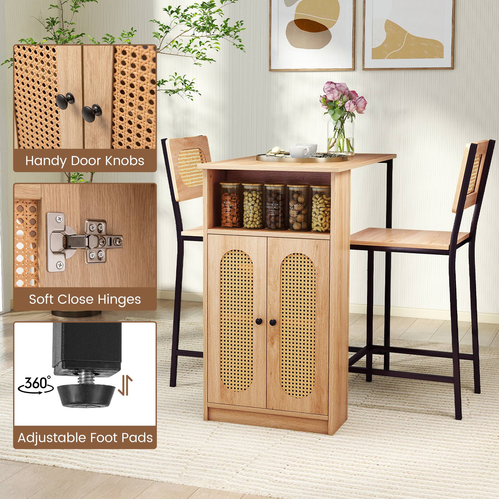 - Handy Door Knobs
- Soft Close Hinges
- Adjustable Foot Pads