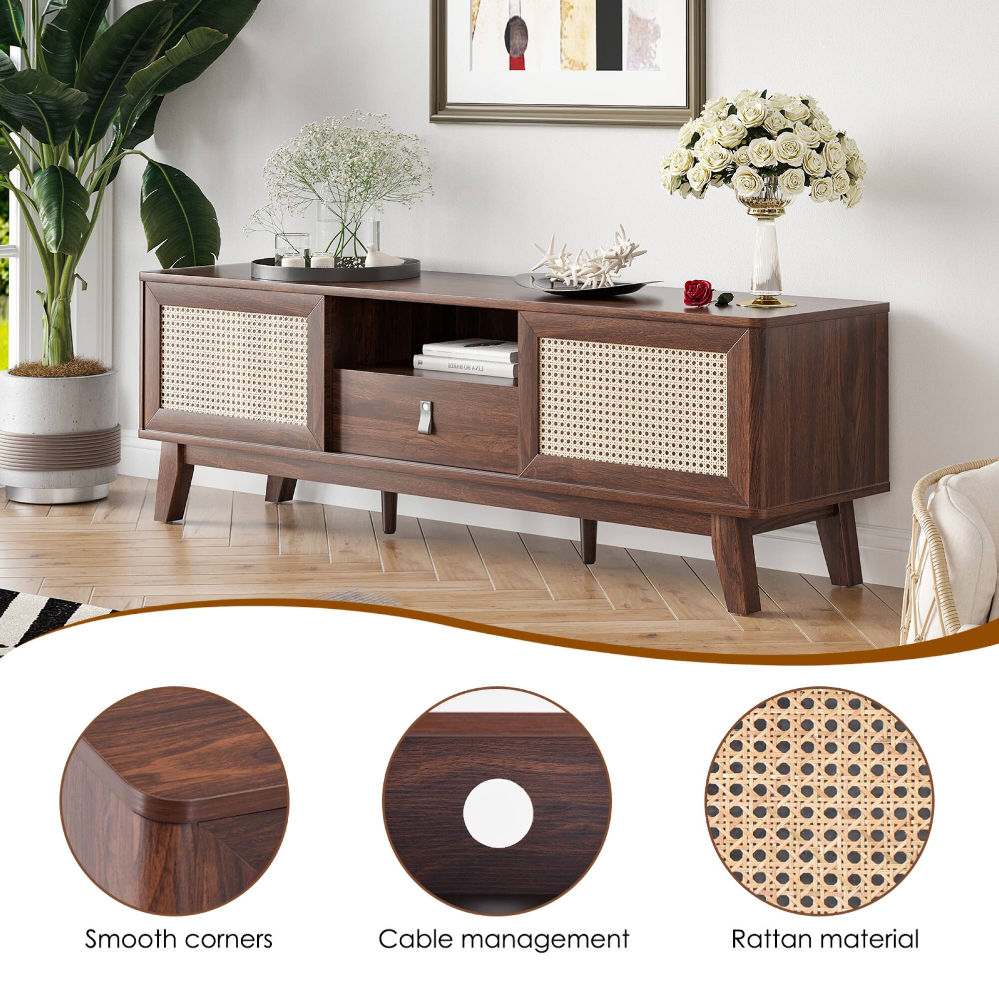 - Smooth corners
- Cable management
- Rattan material