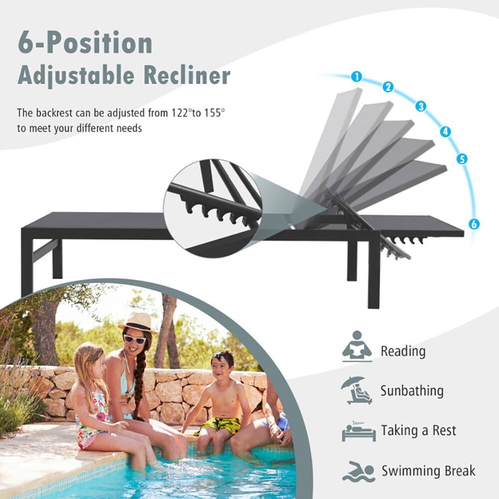 6-Position Adjustable Recliner

The backrest can be adjusted from 122° to 155° to meet your different needs

1. Reading
2. Sunbathing
3. Taking a Rest
4. Swimming Break