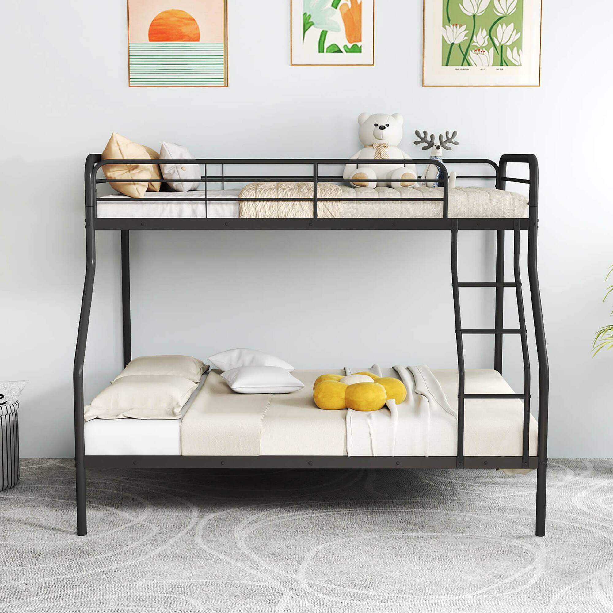 Back. Costway - Twin over Full Metal Bunk Bed with Inclined Ladder Safety Guardrail, Slat Support - Black.