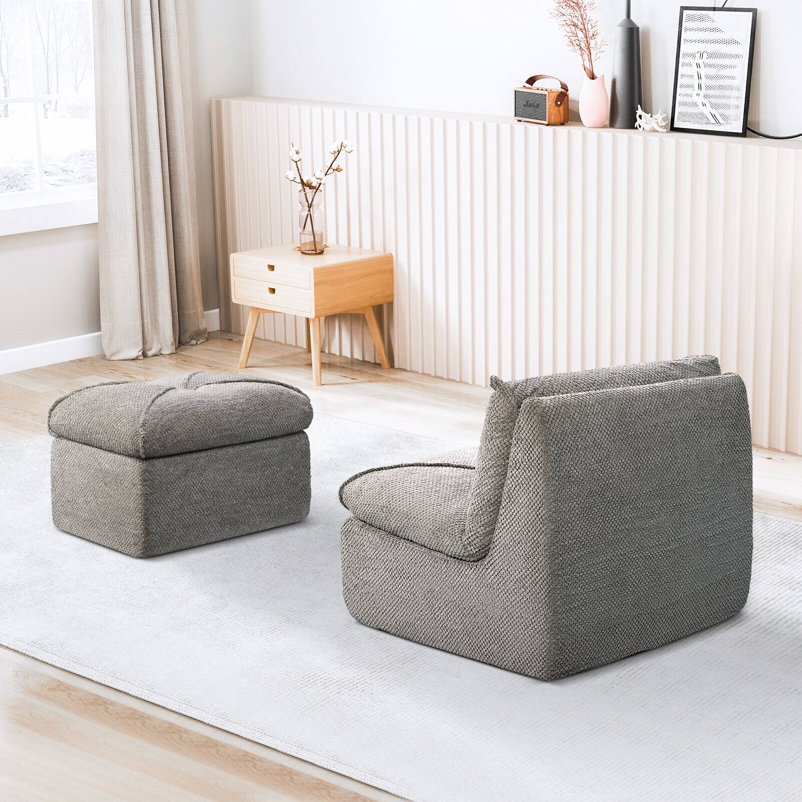 Alt View 3. KERDOM - 29'' Wide Armless Leisure Sofa L Size, Breathable Cotton-linen Fabric Modern Accent Chair with Ottoman Set for Apartment - Grey.
