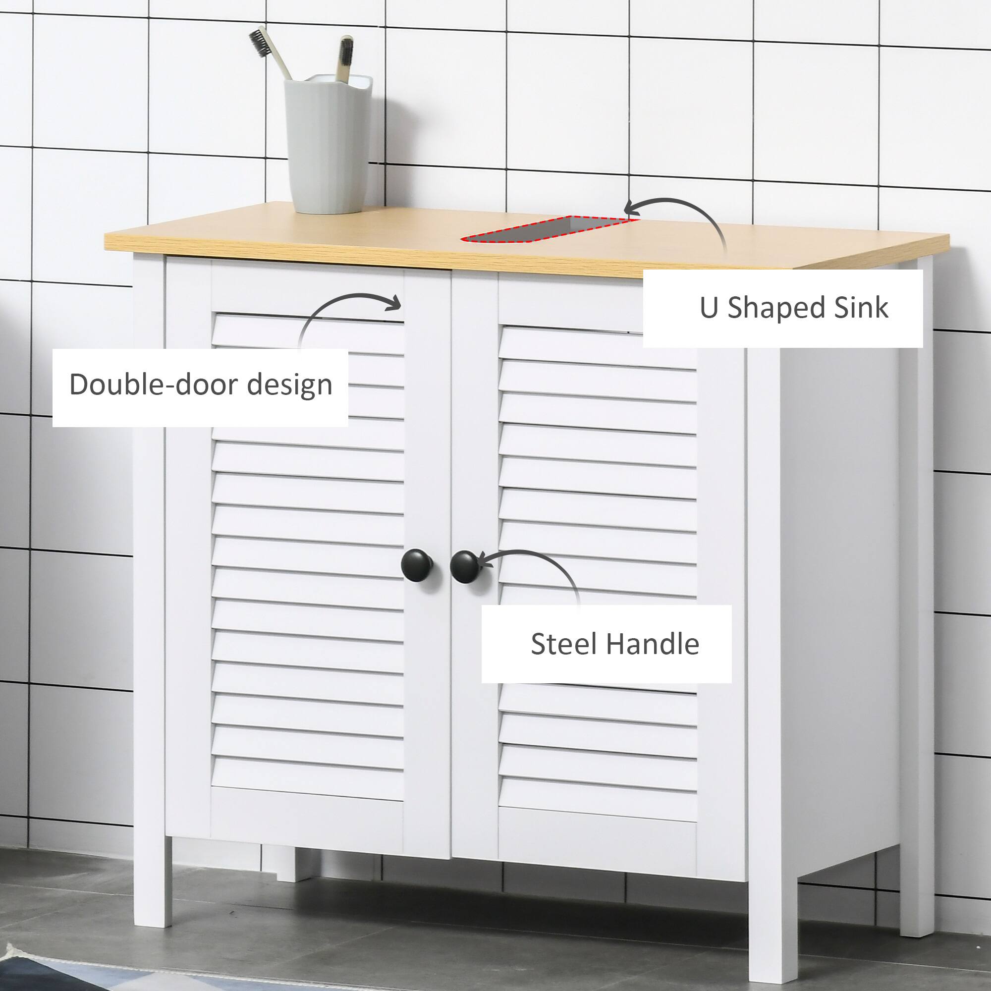 U Shaped Sink, Double-door design, Steel Handle