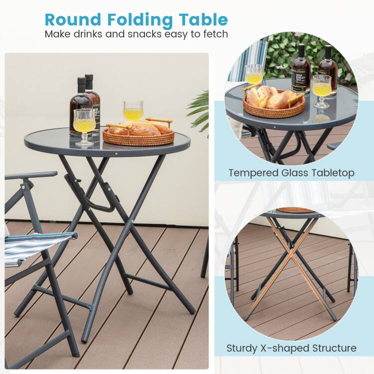 Round Folding Table  
Make drinks and snacks easy to fetch  

- Tempered Glass Tabletop  
- Sturdy X-shaped Structure