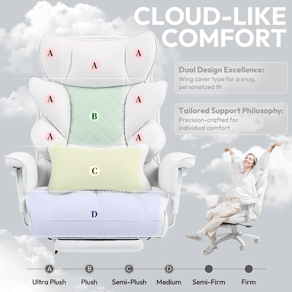 CLOUD-LIKE COMFORT

Dual Design Excellence: Wing cover type for a snug, personalized fit

Tailored Support Philosophy: Precision-crafted for individual comfort

A: Ultra Plush  
B: Plush  
C: Semi-Plush  
D: Medium  
E: Semi-Firm  
F: Firm