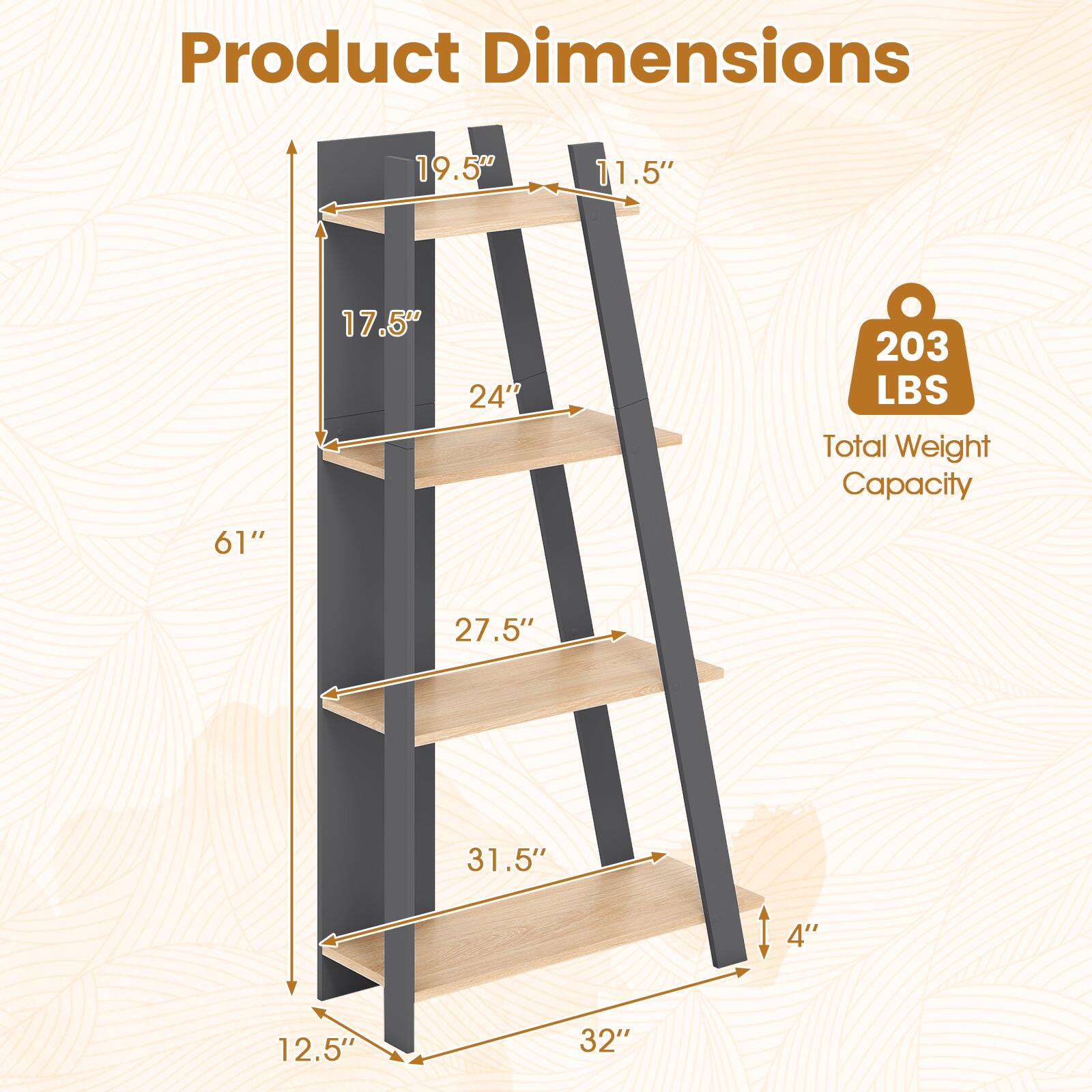 Product Dimensions: 19.5" x 11.5" x 17.5" x 24" x 61" x 27.5" x 31.5" x 4" x 12.5" x 32"  
Total Weight Capacity: 203 LBS