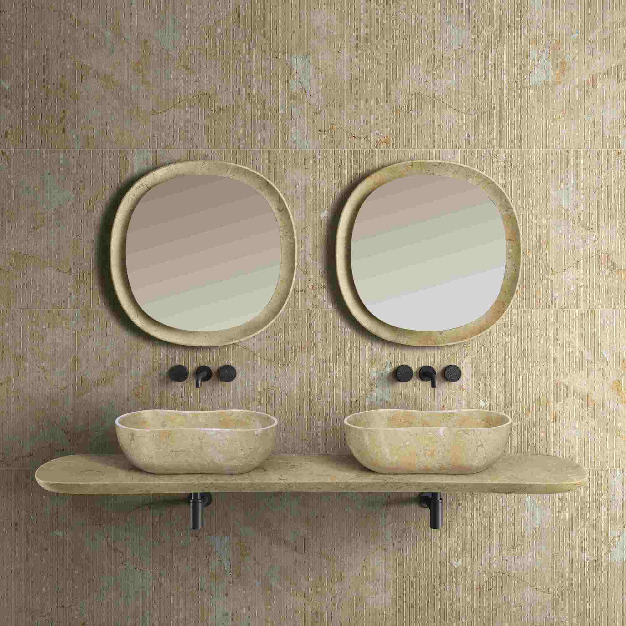 Angle. ELEMENT ACE - Elegant Natural Marble Bathroom Vessel Sink with Polished Surface and Unique Veining Patterns - Beige+Gold,Beige+yellow,Gold.