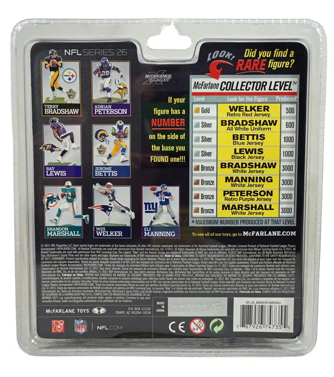 **NFL SERIES 26**

**McFarlane Collector Level**

**Did you find a RARE figure?**

**If your figure has a number on the side of the base you FOUND one!!!**

**Look for the Figure Produced**

- **Gold**
  - Welker
    - Retro Red Jersey
    - 500

- **Silver**
  - Bradshaw
    - All White Uniform
    - 600
  - Bettis
    - Blue Jersey
    - 1000
  - Lewis
    - Black Jersey
    - 1000

- **Bronze**
  - Bradshaw
    - White Jersey
    - 3000
  - Manning
    - White Jersey
    - 3000
  - Peterson
    - Retro Purple Jersey
    - 3000
  - Marshall
    - White Jersey
    - 3000

**Maximum Number Produced at that Level**

**To see all of our toys, go to McFarlane.com**

**McFarlane Toys**

**NFL.com**

**© 2011 NFL Properties, LLC. All NFL team and logos are trademarks of