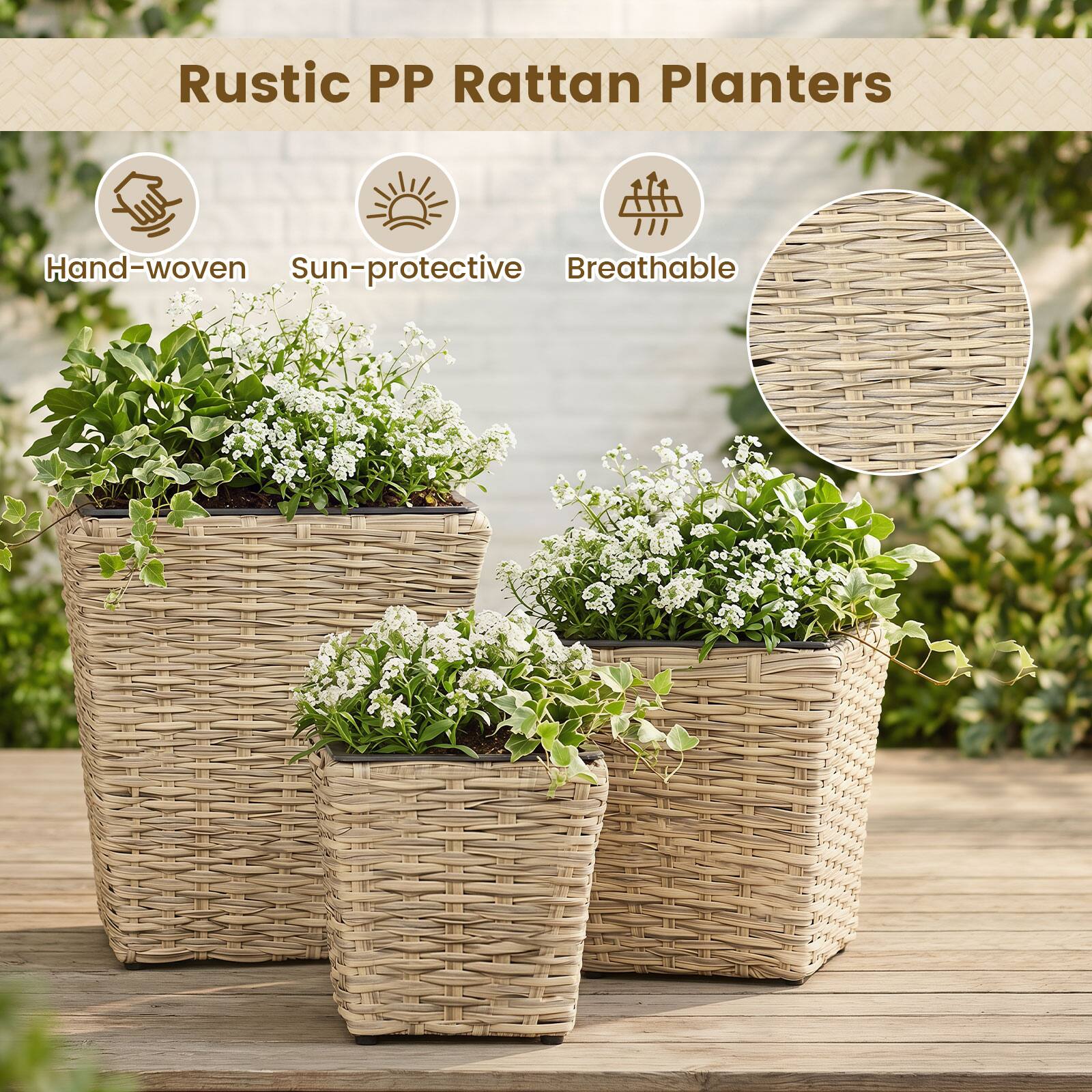 Rustic PP Rattan Planters

- Hand-woven
- Sun-protective
- Breathable