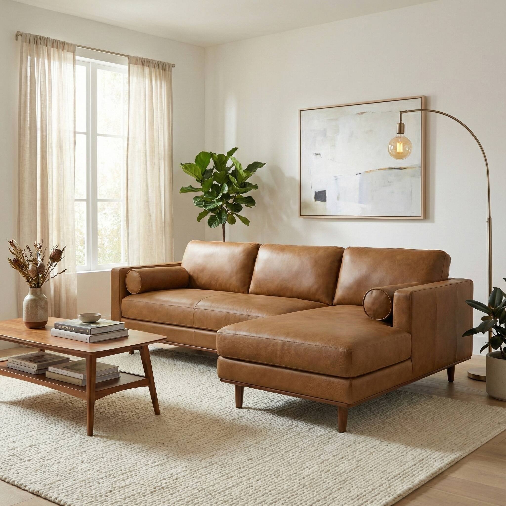 Angle. Simpli Home - Morrison Mid Century Right Sectional 102 inch Wide Sofa Sectional in Caramel Brown Genuine Leather - Caramel Brown.
