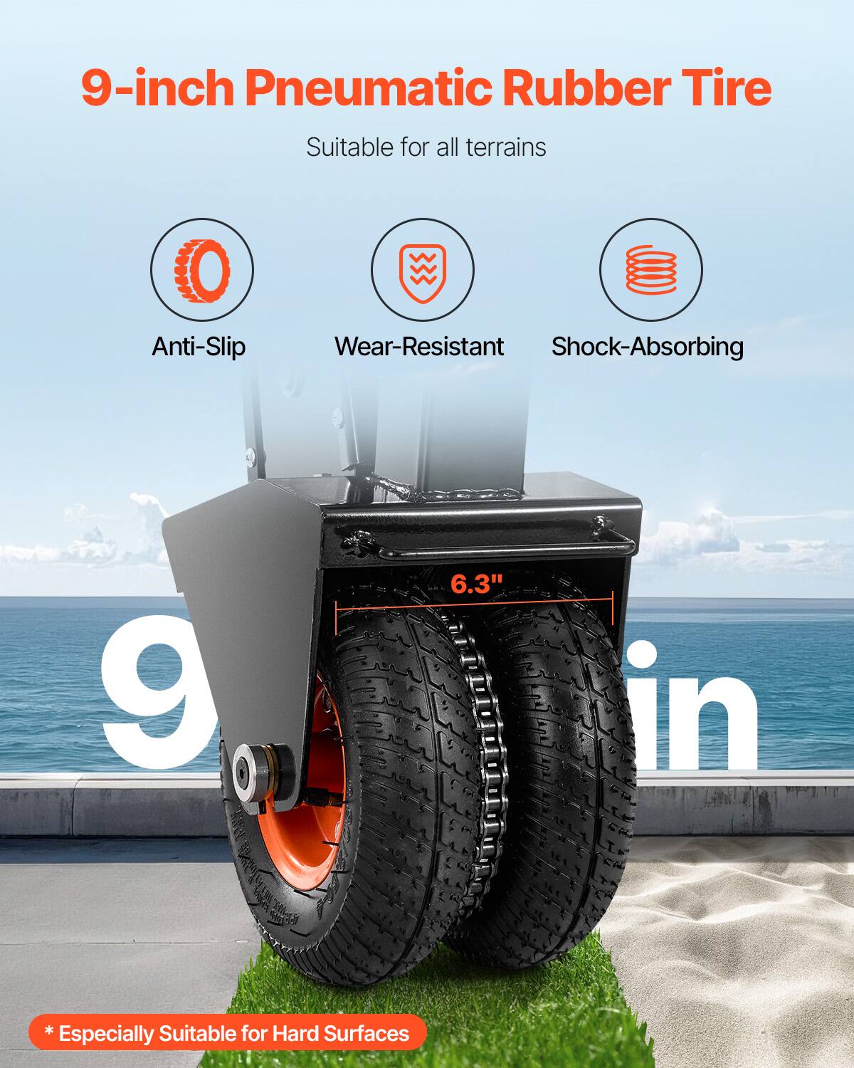 9-inch Pneumatic Rubber Tire

Suitable for all terrains

- Anti-Slip
- Wear-Resistant
- Shock-Absorbing

6.3" in

*Especially Suitable for Hard Surfaces