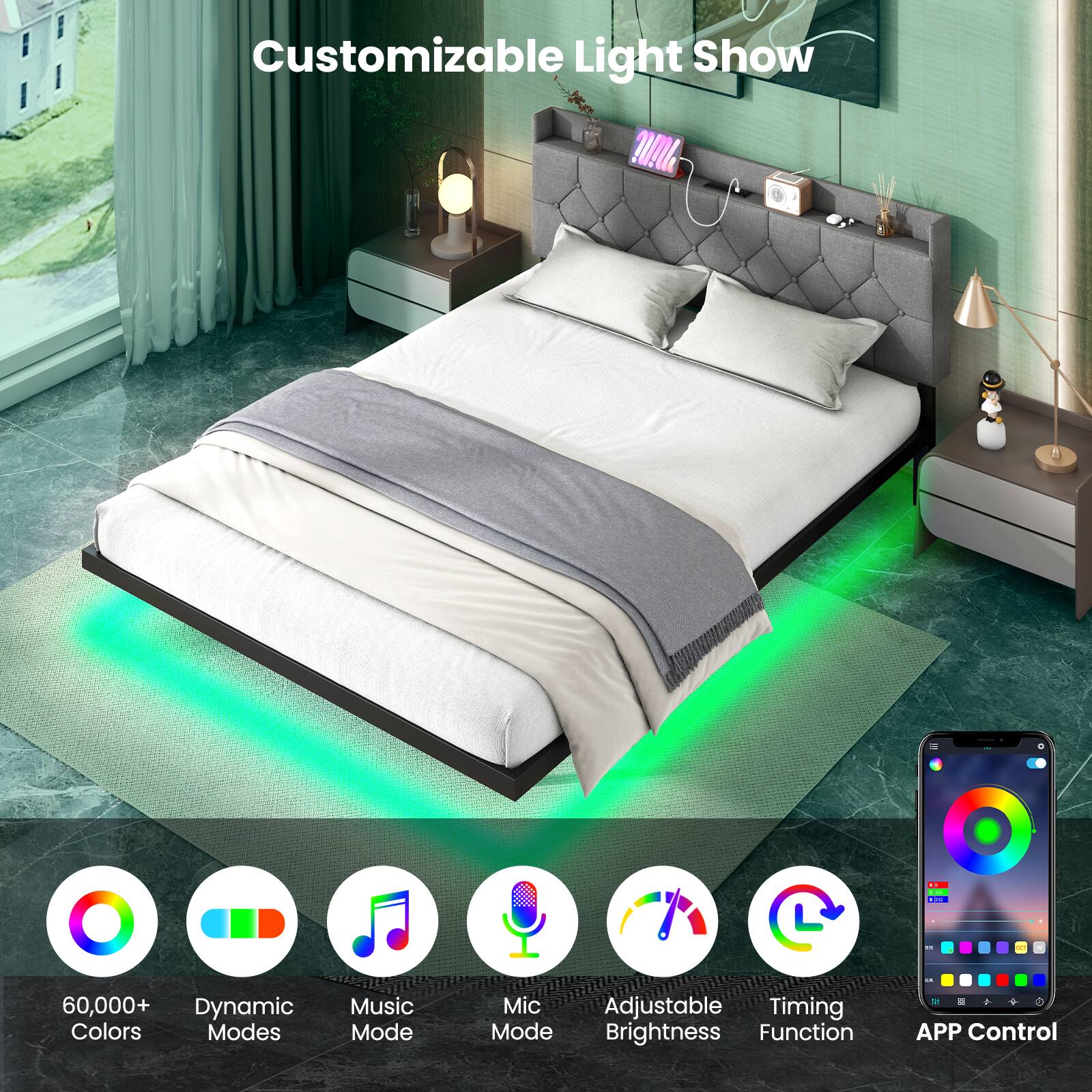 Customizable Light Show - a I 60,000+ Colors Modes, Dynamic, Music Mode, Mic, Adjustable Brightness, Timing Function, APP Control