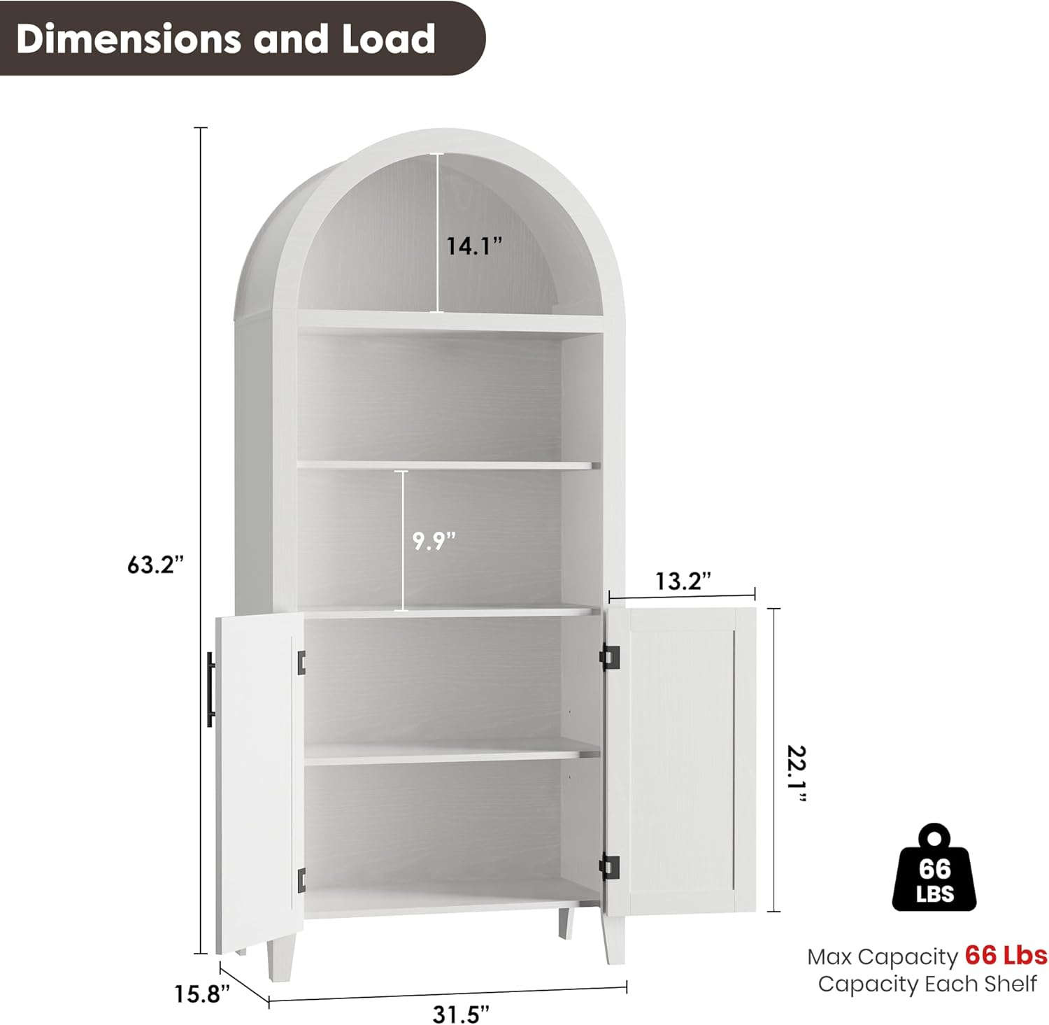 Dimensions and Load

- Height: 63.2"
- Width: 31.5"
- Depth: 15.8"
- Shelf Height: 14.1"
- Shelf Depth: 13.2"
- Shelf Width: 22.1"
- Max Capacity: 66 Lbs
- Capacity Each Shelf: 66 Lbs