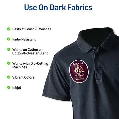 Use On Dark Fabrics

- Lasts at Least 20 Washes
- Fade-Resistant
- Works on Cotton or Cotton/Polyester Blend
- Works with Die-Cutting Machines
- Vibrant Colors
- Inkjet

BRENT'S BBQ SAUCE