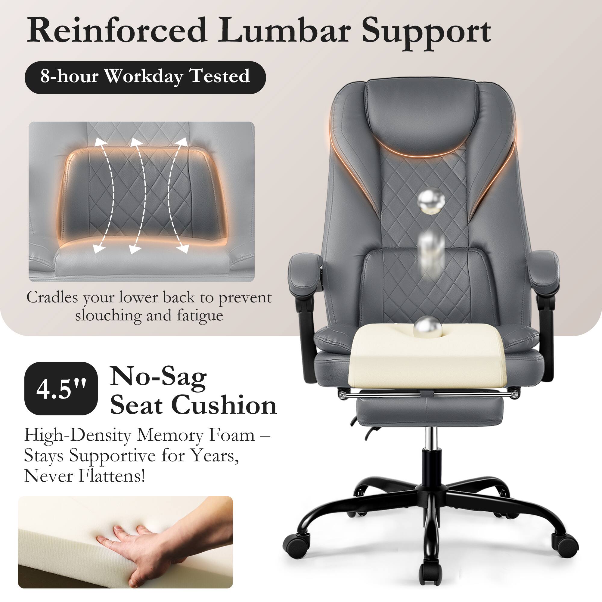 Reinforced Lumbar Support  
8-hour Workday Tested  
Cradles your lower back to prevent slouching and fatigue  

4.5" No-Sag Seat Cushion  
High-Density Memory Foam – Stays Supportive for Years, Never Flattens!