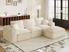Trinkets Crazed - 108" Plush Corduroy L Shaped Sectional Cloud Sofa Couch with Ottoman, Soft Deep Seat Modular Sectional Couche - beige