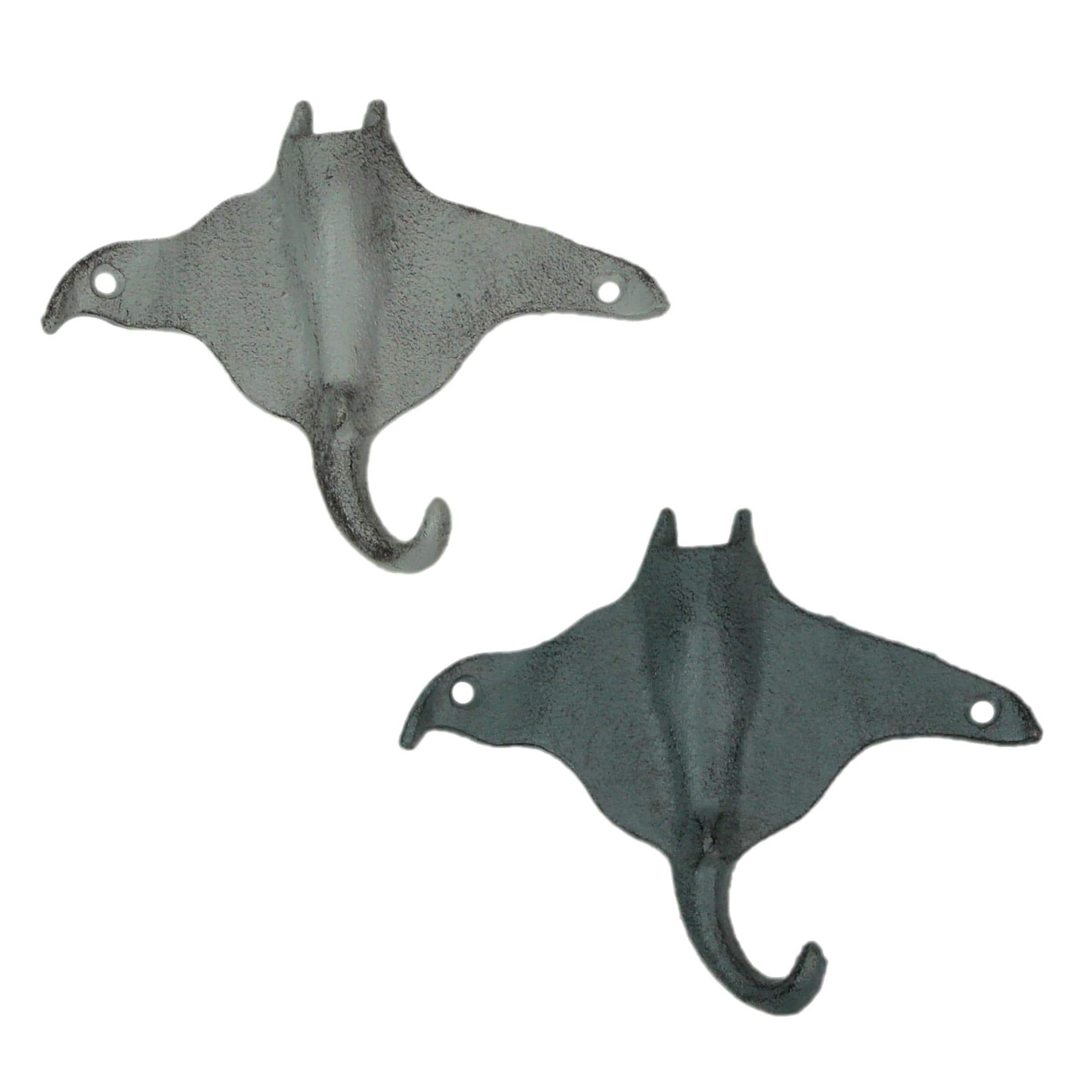 Zeckos - Set of 2 Cast Iron Stingray Wall Hooks Blue Gray Coastal Nautical Decor - Multicolored