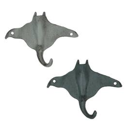 Zeckos - Set of 2 Cast Iron Stingray Wall Hooks Blue Gray Coastal Nautical Decor - Multicolored