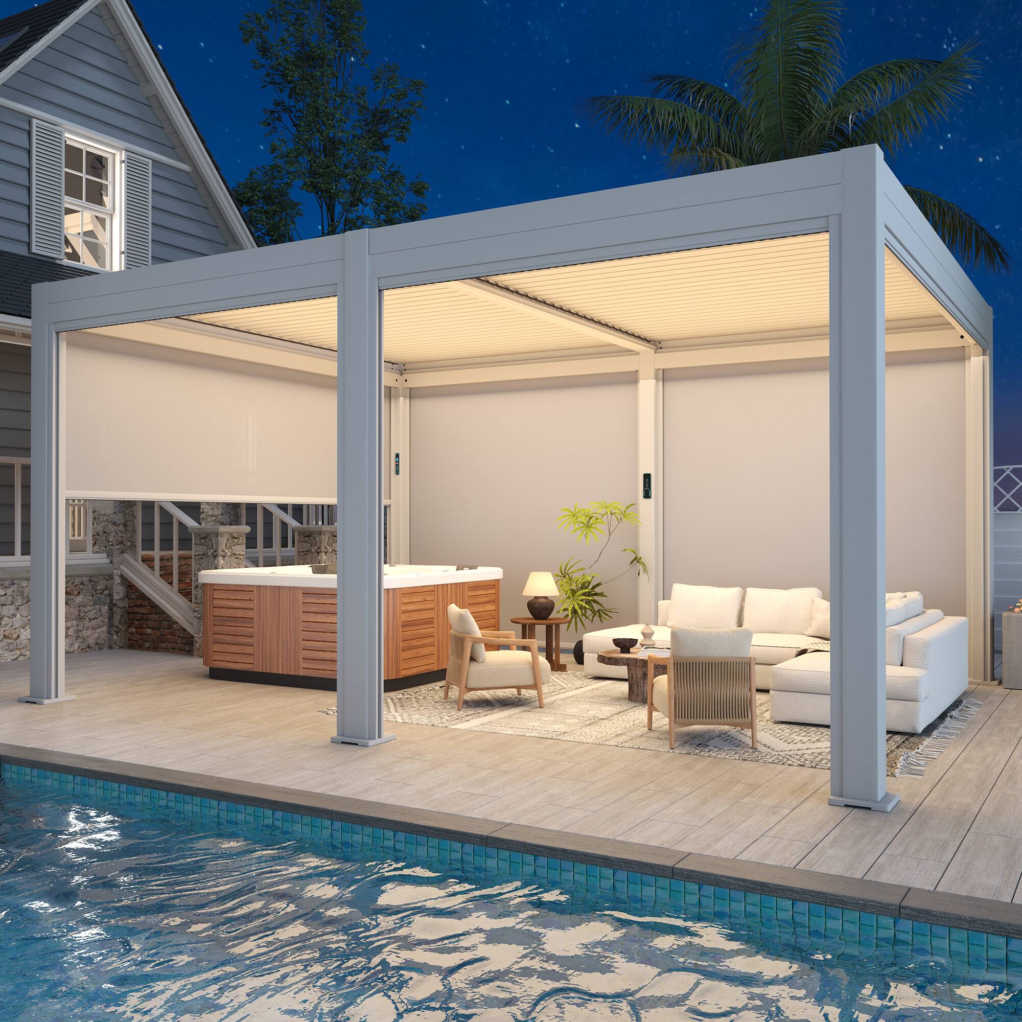 Angle. U-HOMY - 12' x 16' Outdoor Pergola with LED Lights – Aluminum Gazebo, Motorized Louvers & Side Screens - White.