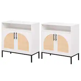 Costway - 2 Pcs Sideboard Buffet Cabinet with Natural Rattan Decorated Doors, Adjustable Shelf - White & Natural