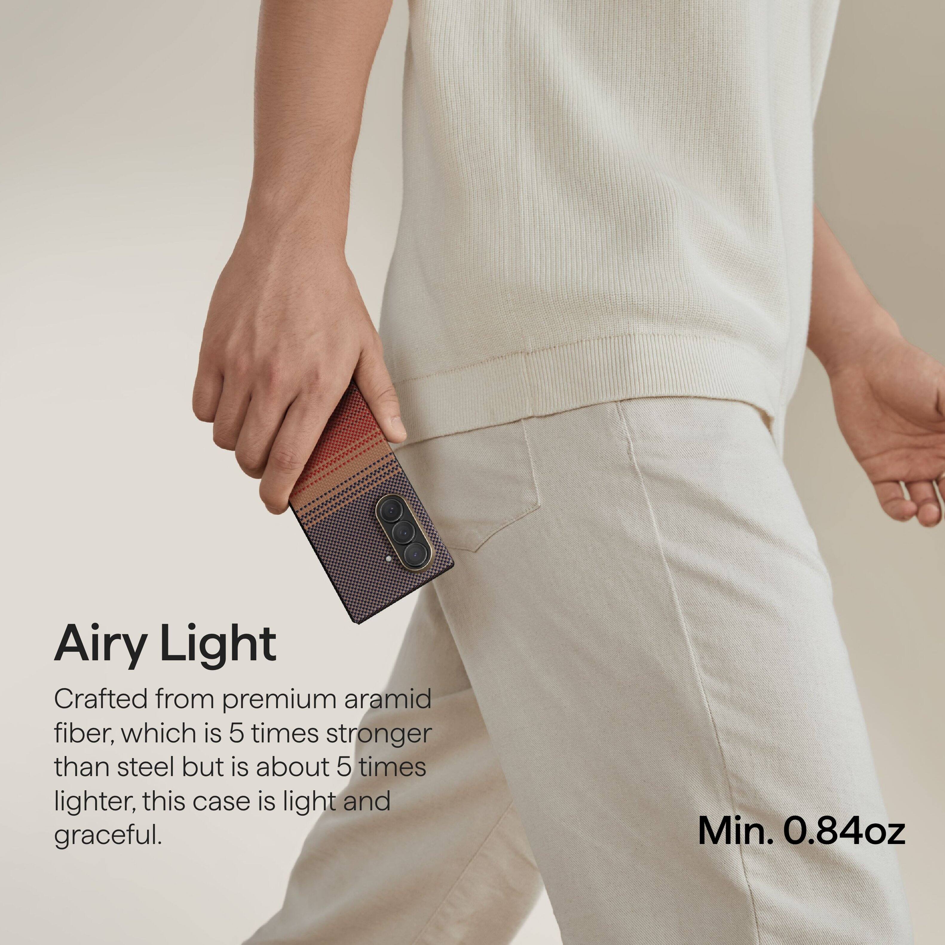 Airy Light

Crafted from premium aramid fiber, which is 5 times stronger than steel but is about 5 times lighter, this case is light and graceful.

Min. 0.84oz