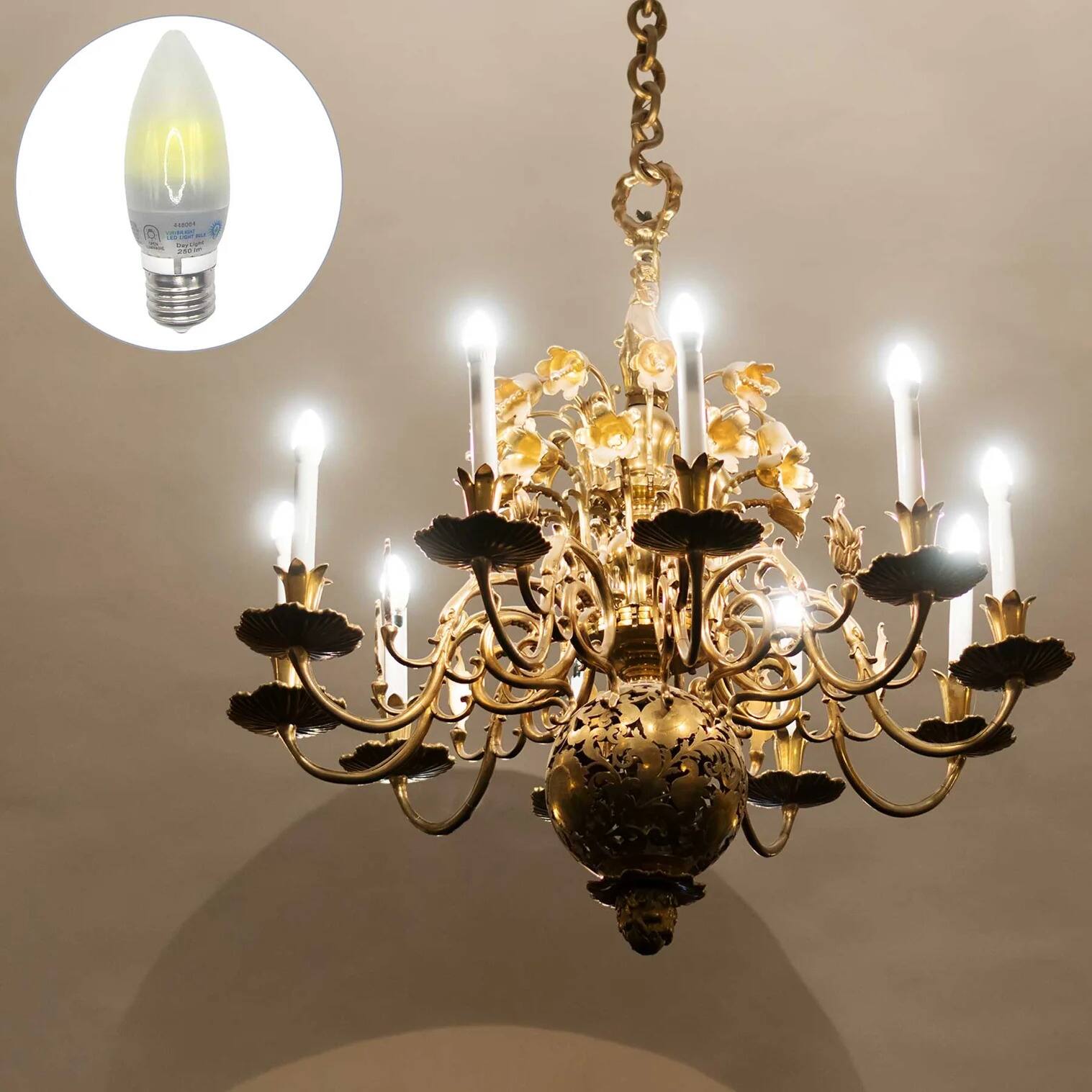 Left. VIRIBRIGHT - High Efficiency, 90+ CRI, Candelabra LED Bulb, Frosted, 270 Lumens - 6000K.