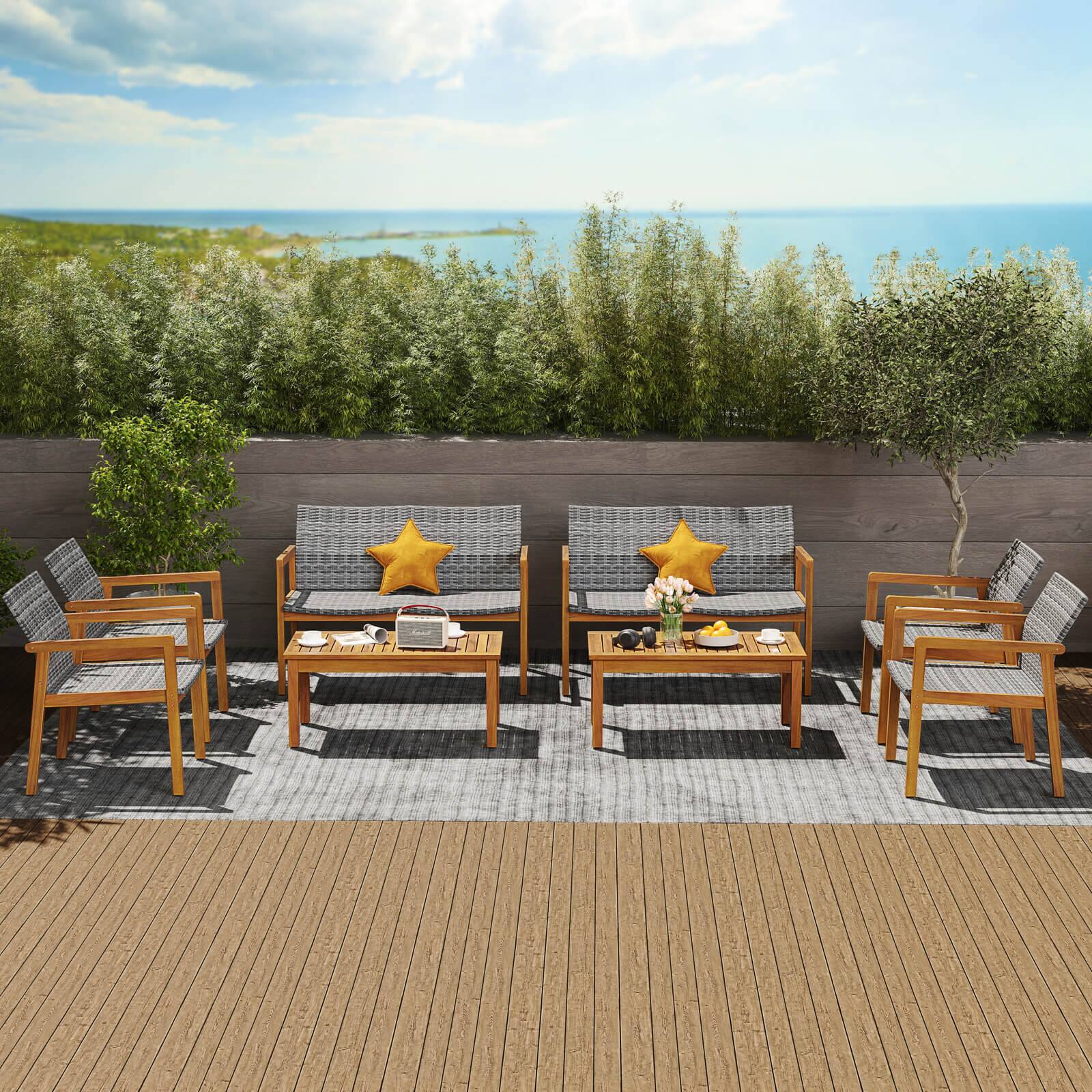 Alt View 1. Costway - Costway 8 Pieces Outdoor Furniture Set, Acacia Wood Frame Sofa Set with Rattan Seat - Gray.