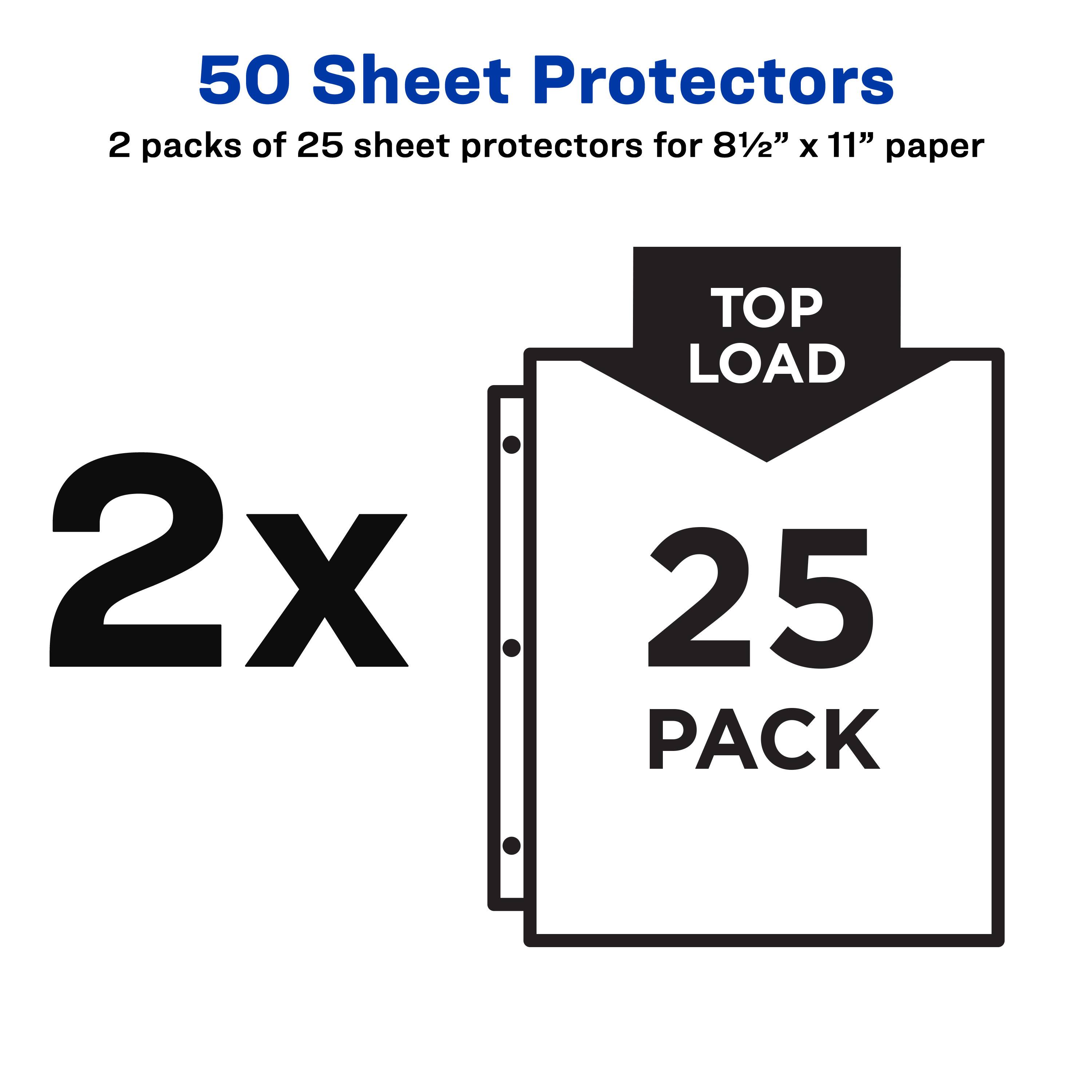 50 Sheet Protectors  
2 packs of 25 sheet protectors for 8½" x 11" paper  
2x TOP LOAD 25 PACK