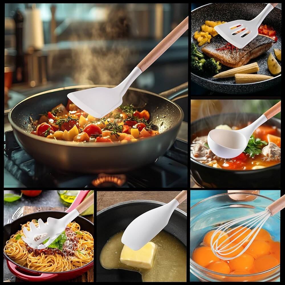 Angle. RTMB - Silicone Cooking Utensils Set, Wooden-Handled, Heat-Resistant Kitchen - White.