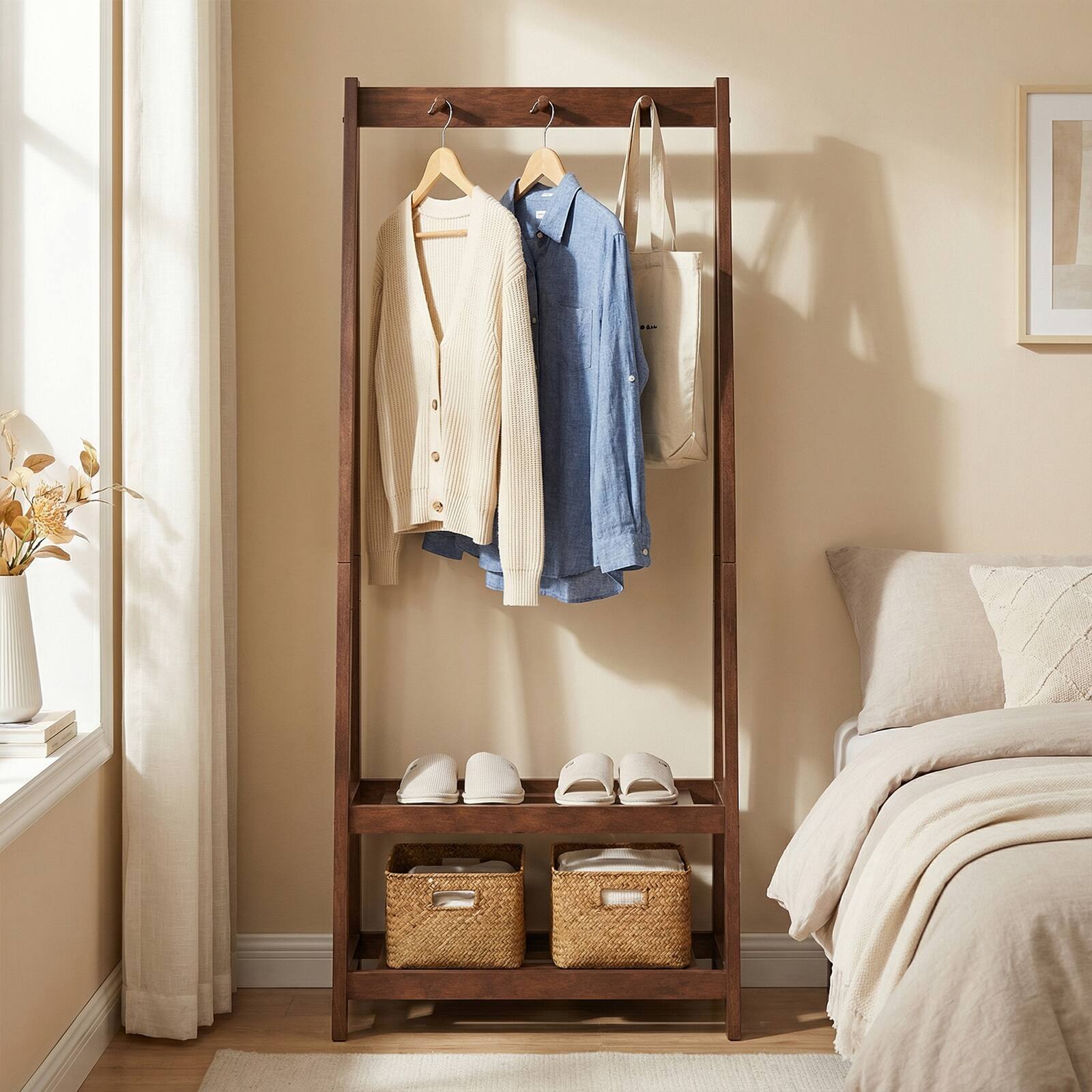 Alt View 4. Gymax - Gymax Rubber Wood Garment Rack w/3 Hooks & 2 Shelves for Entryway Bedroom and Wardrobe - Walnut.