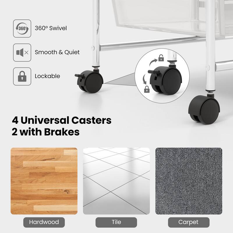 360° Swivel  
Smooth & Quiet  
Lockable  
4 Universal Casters  
2 with Brakes  
Hardwood Tile Carpet