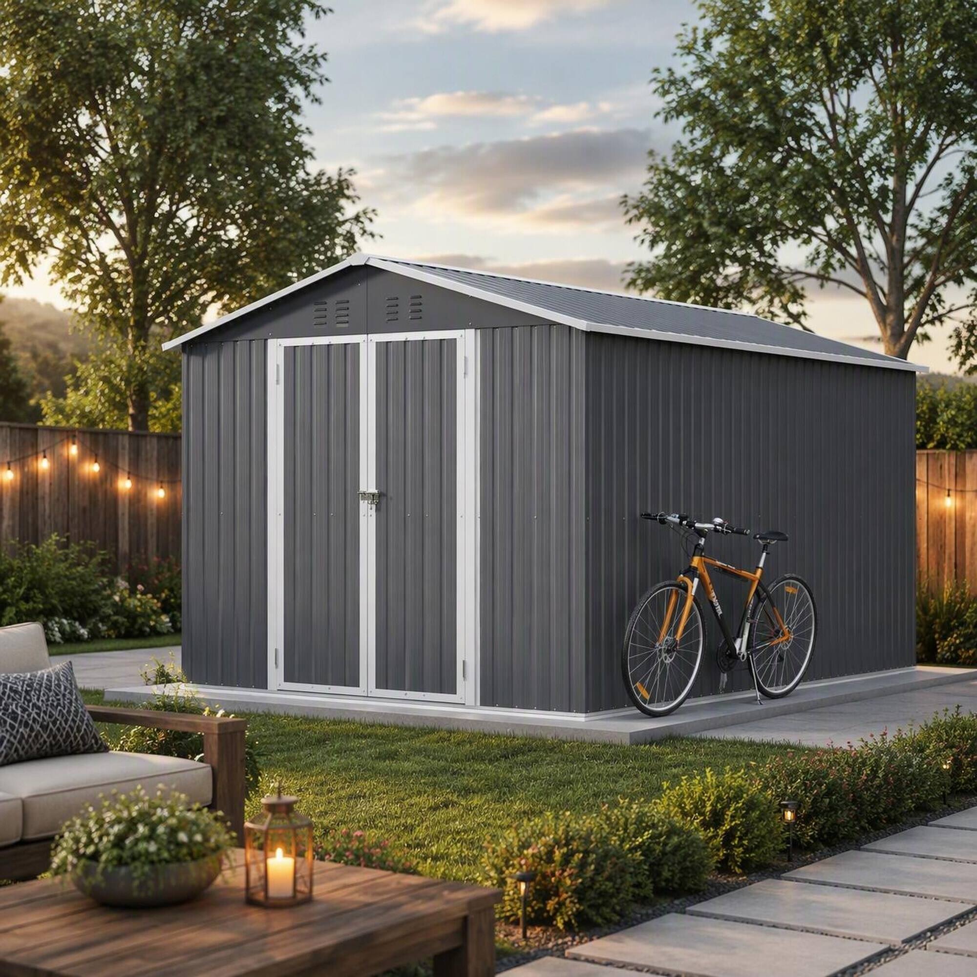 Left. RYHNUYNE - 8x12 ft Metal Shed Aluminum Frame Lockable Double Doors Sloped Roof Vents Gray - Gray.
