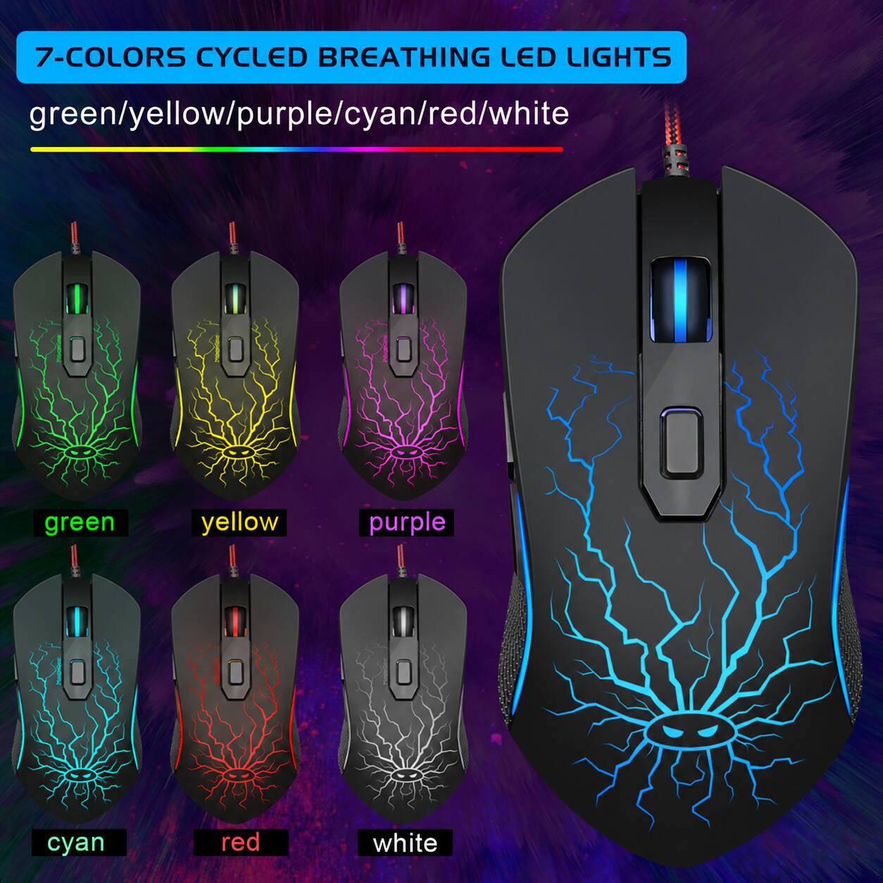 7-COLORS CYCLED BREATHING LED LIGHTS  
green/yellow/purple/cyan/red/white