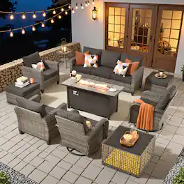 Ovios - 10 PCS Patio Furniture Conversation Sofa Set with Swivel Chair, Coffee Table & 54" Fire Pit Table - Black
