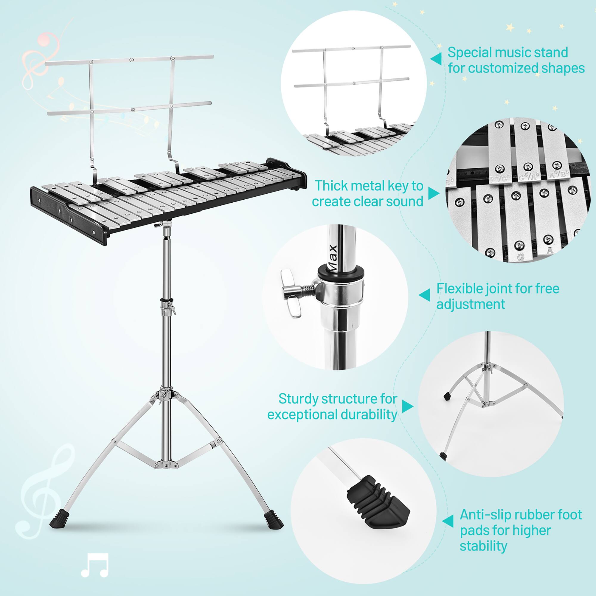 Special music stand for customized shapes  
Thick metal key to create clear sound  
Flexible joint for free adjustment  
Sturdy structure for exceptional durability  
Anti-slip rubber foot pads for higher stability