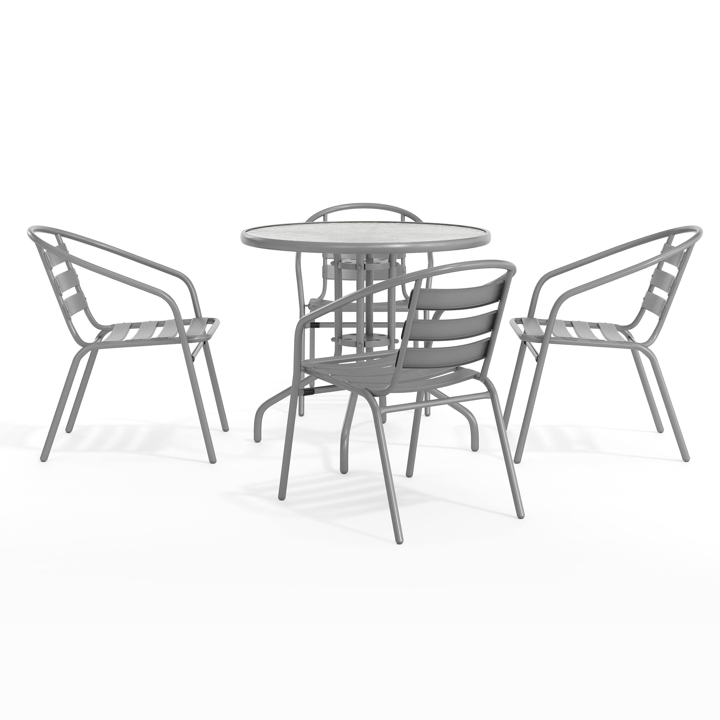 Angle. Flash Furniture - Lila 31.5'' Round Glass Top Metal Table with 4 Silver Aluminum Slat Stack Chairs - Gray.