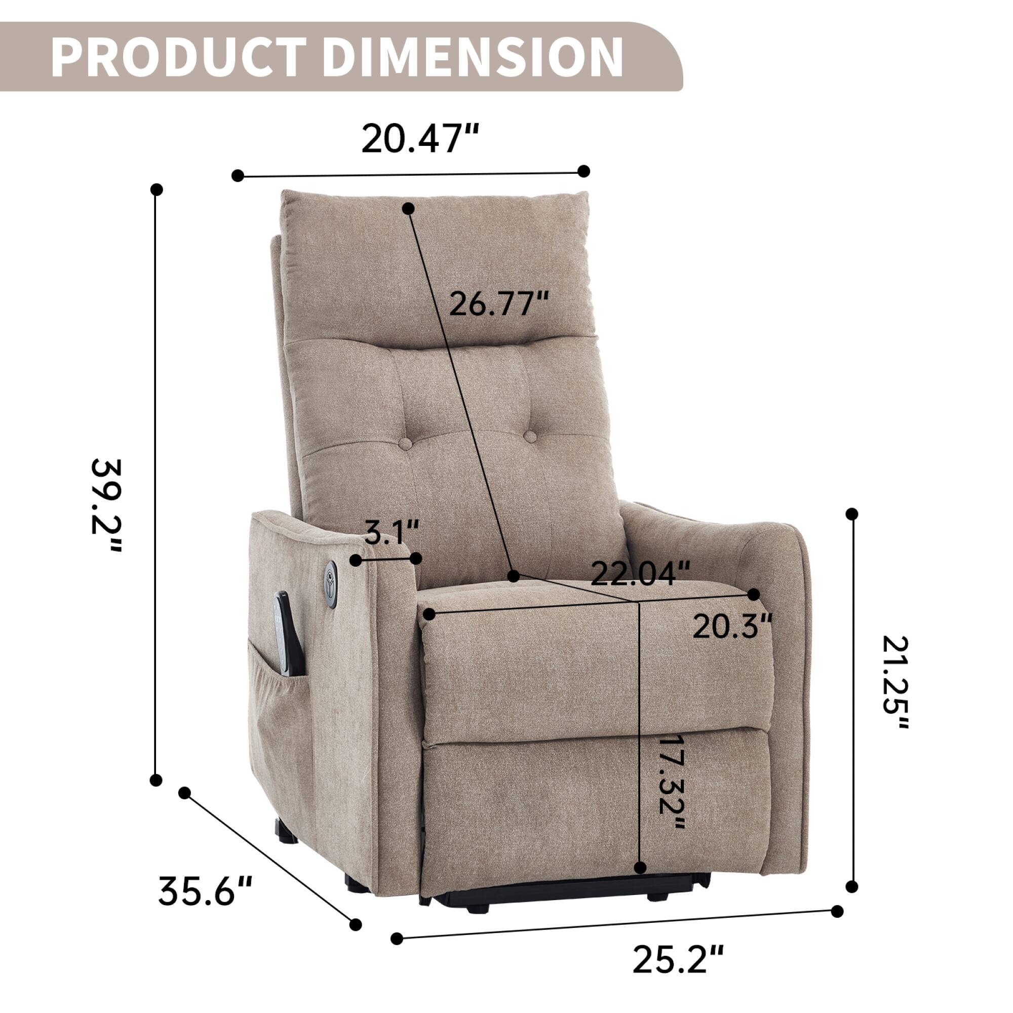 PRODUCT DIMENSION

- Width: 20.47"
- Depth: 35.6"
- Height: 39.2"
- Seat Height: 22.04"
- Seat Depth: 20.3"
- Arm Height: 26.77"
- Arm Width: 21.25"
- Back Height: 39.2"
- Seat Width: 17.32"
- Overall Height: 39.2"