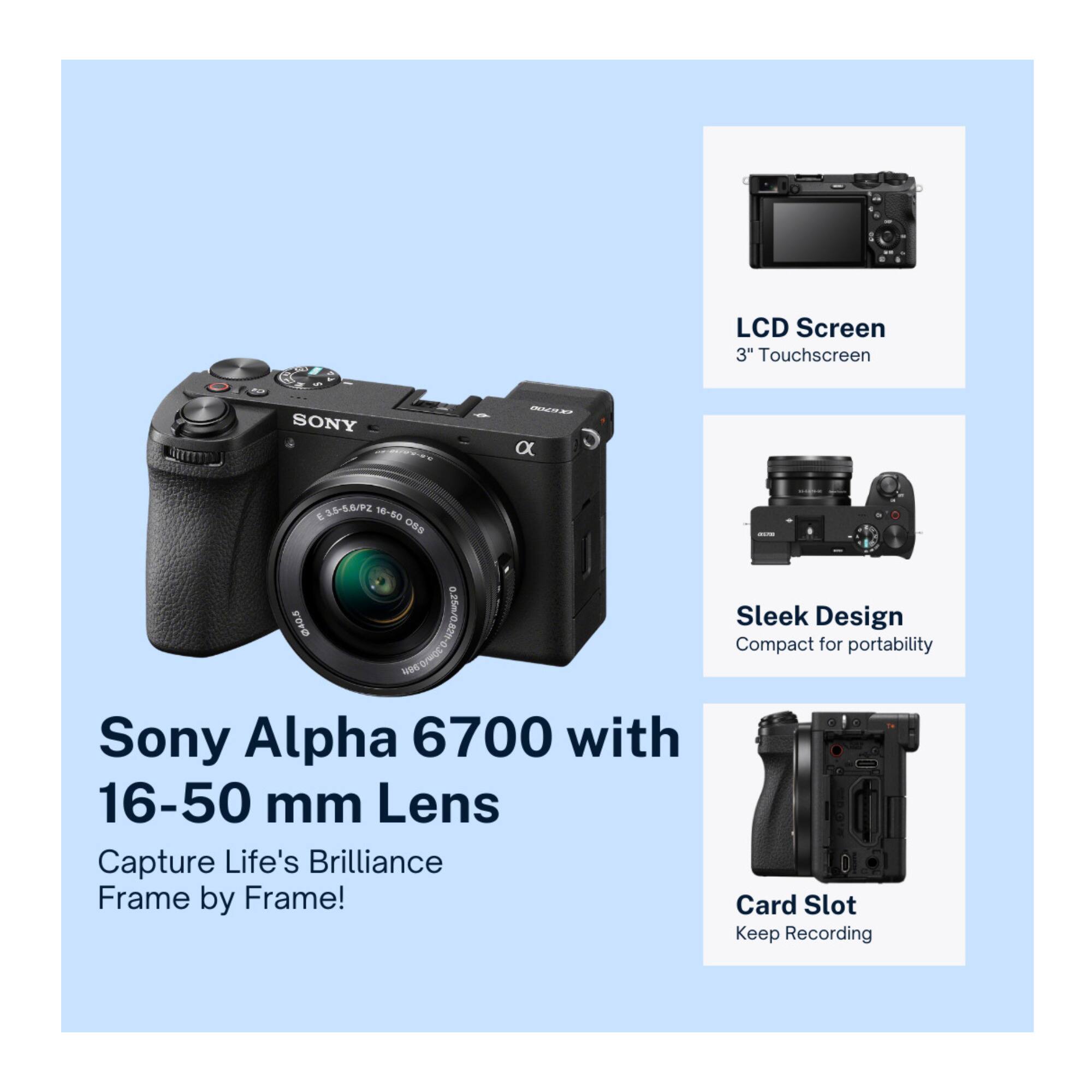 The text on the image is grouped and corrected as follows:

1. LCD Screen: 3" Touchscreen
2. Sony Alpha 6700 with 16-50 mm Lens: Capture Life's Brilliance Frame by Frame!
3. Card Slot: Keep Recording
4. Sleek Design: Compact for portability
5. Sony Alpha 6700 with 16-50 mm Lens: Capture Life's Brilliance Frame by Frame!