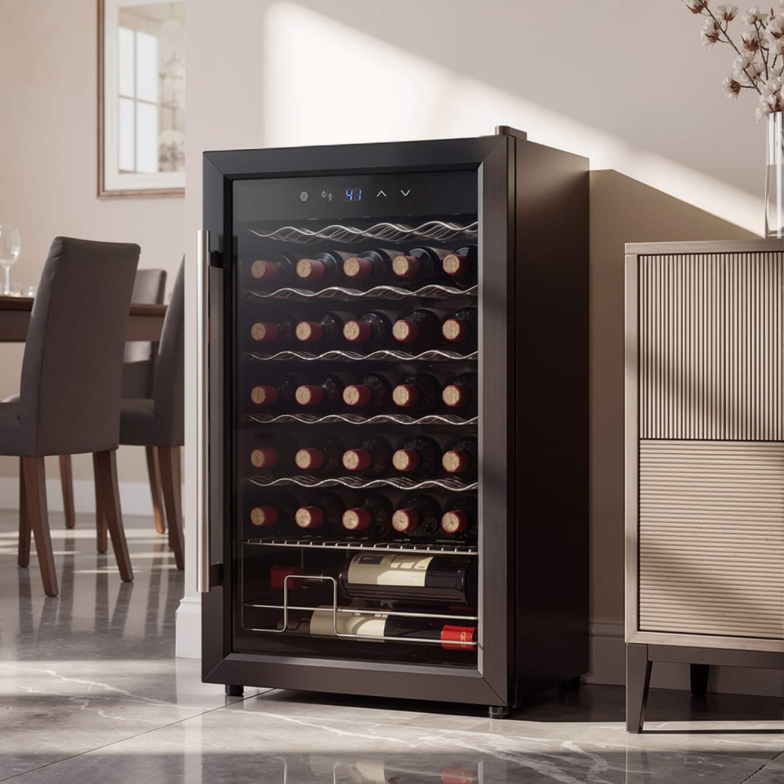 Famapy - 34 Bottle Compressor Wine Cooler - Stainless Steel Freestanding Wine Fridge with Temperature Control for Home Bar - Black