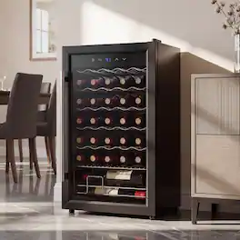 Famapy - 34 Bottle Compressor Wine Cooler - Stainless Steel Freestanding Wine Fridge with Temperature Control for Home Bar - Black