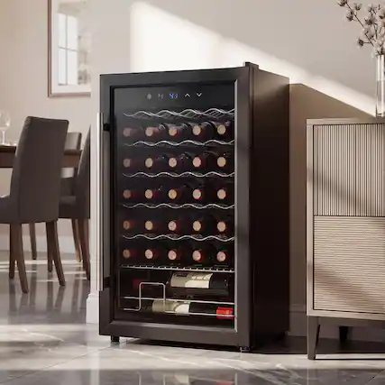 Front. Famapy - 34 Bottle Compressor Wine Cooler - Stainless Steel Freestanding Wine Fridge with Temperature Control for Home Bar - Black.
