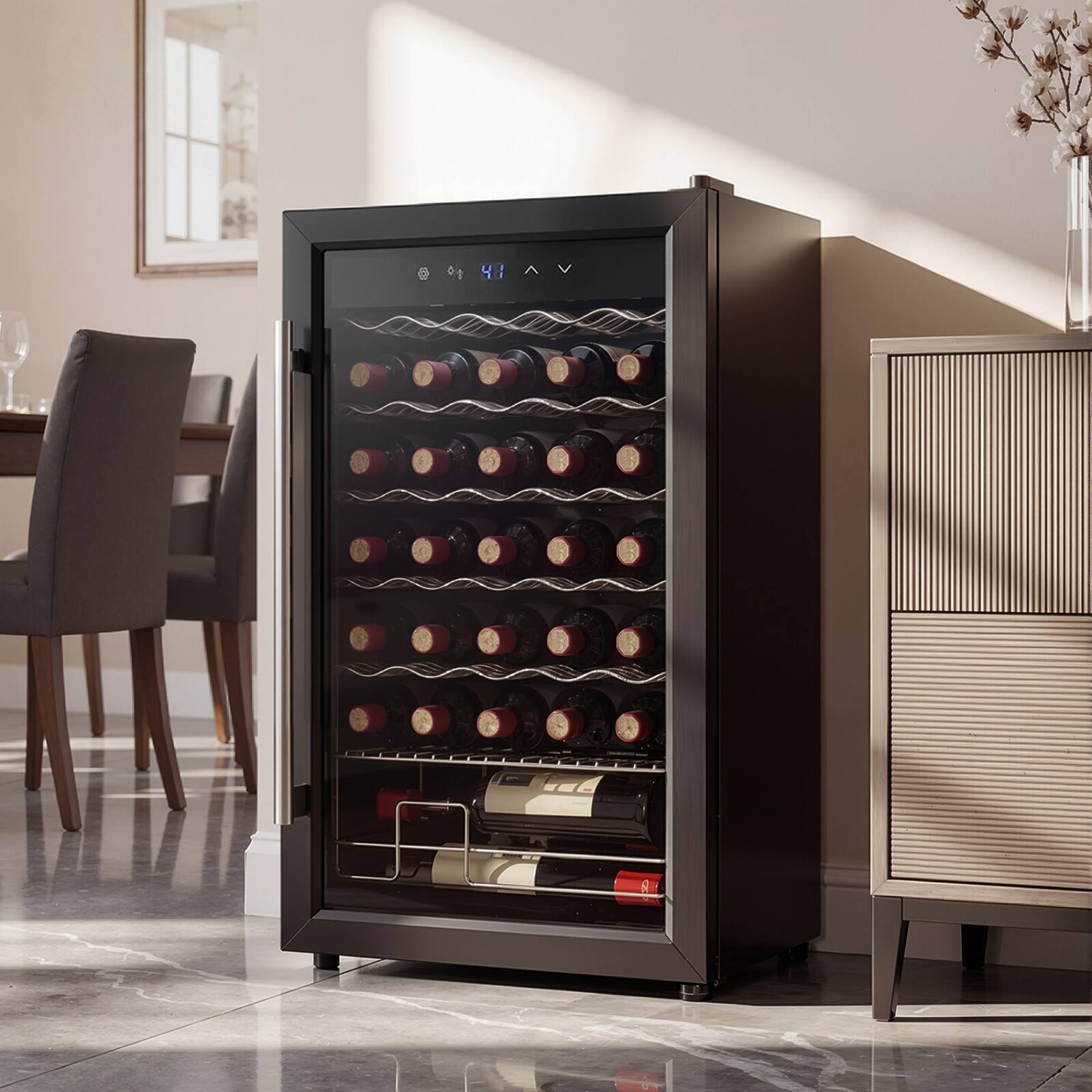 Front. Famapy - 34 Bottle Compressor Wine Cooler - Stainless Steel Freestanding Wine Fridge with Temperature Control for Home Bar - Black.